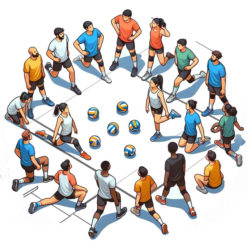 Clase de voleibol calentando en círculo en clase de Educación física