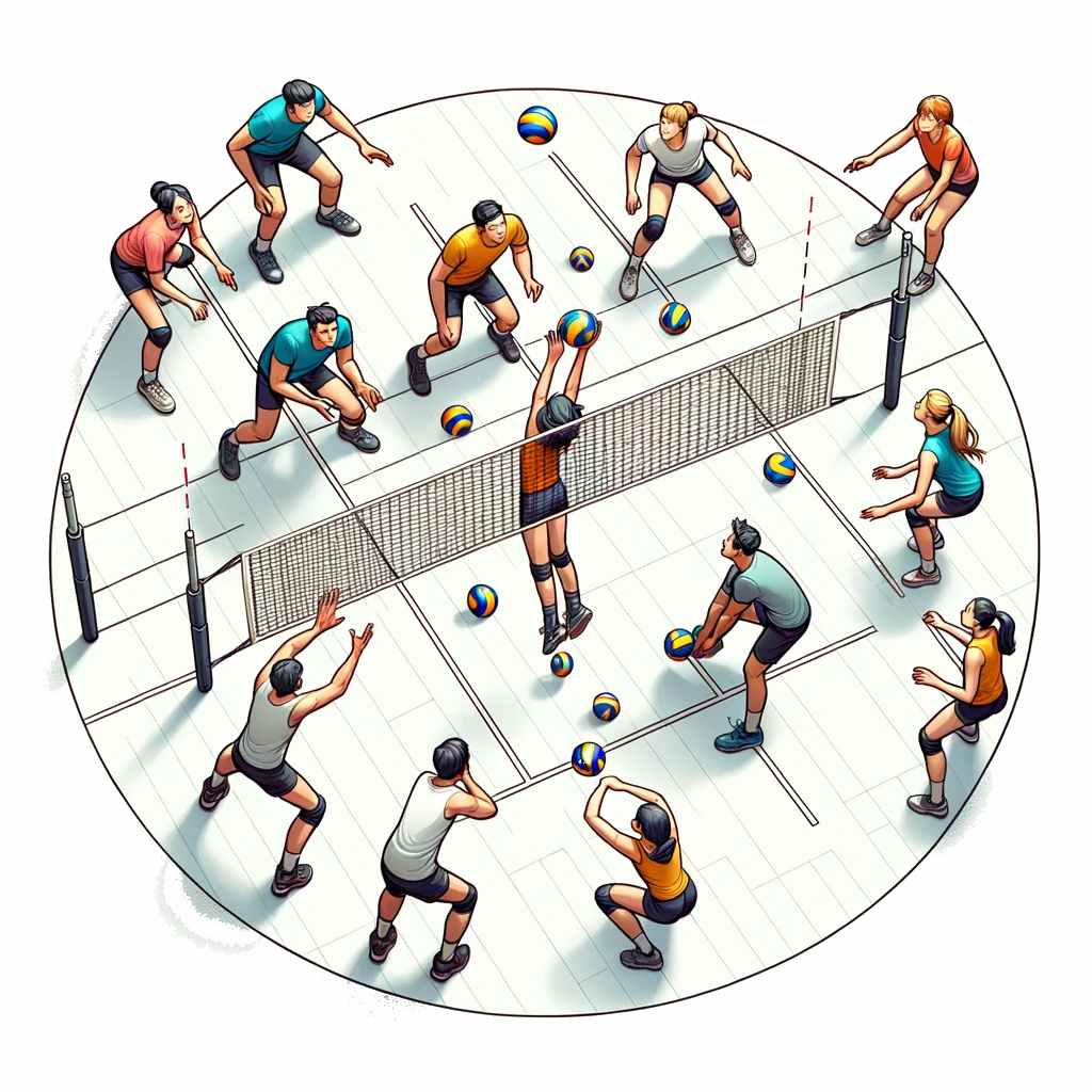 Clase de voleibol calentando mientras hacen ejercicios de la sesión de voleibol.