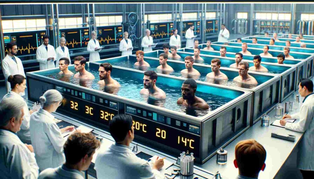 Grupo de hombres sometido a un baño de agua fría a diferentes temperaturas para estudiar sus beneficios.