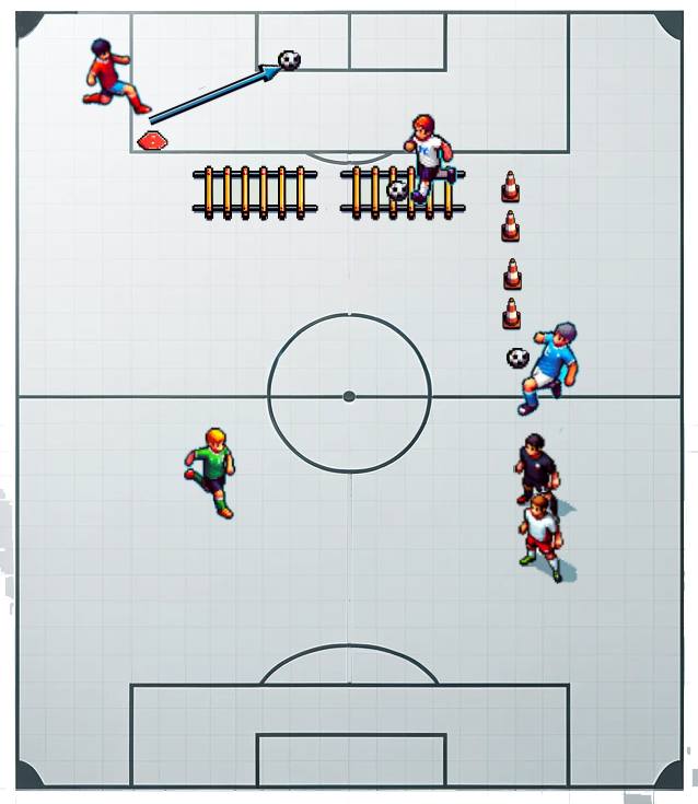 Ejercicio de circuito de obstáculos en sesión de clase de futbol de educación física para secundaria (ESO) y bachiller.