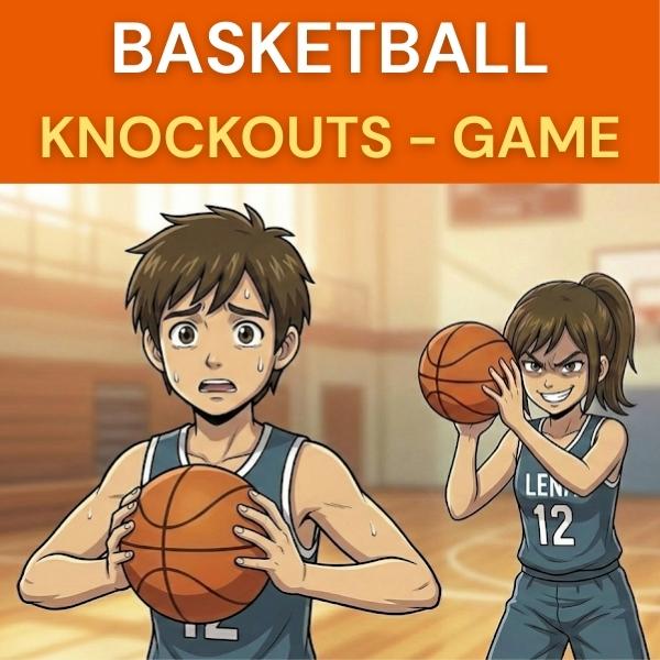 Basketball Knockout PE game cover image with two students holding basketballs and the title “Basketball Knockouts – Game”