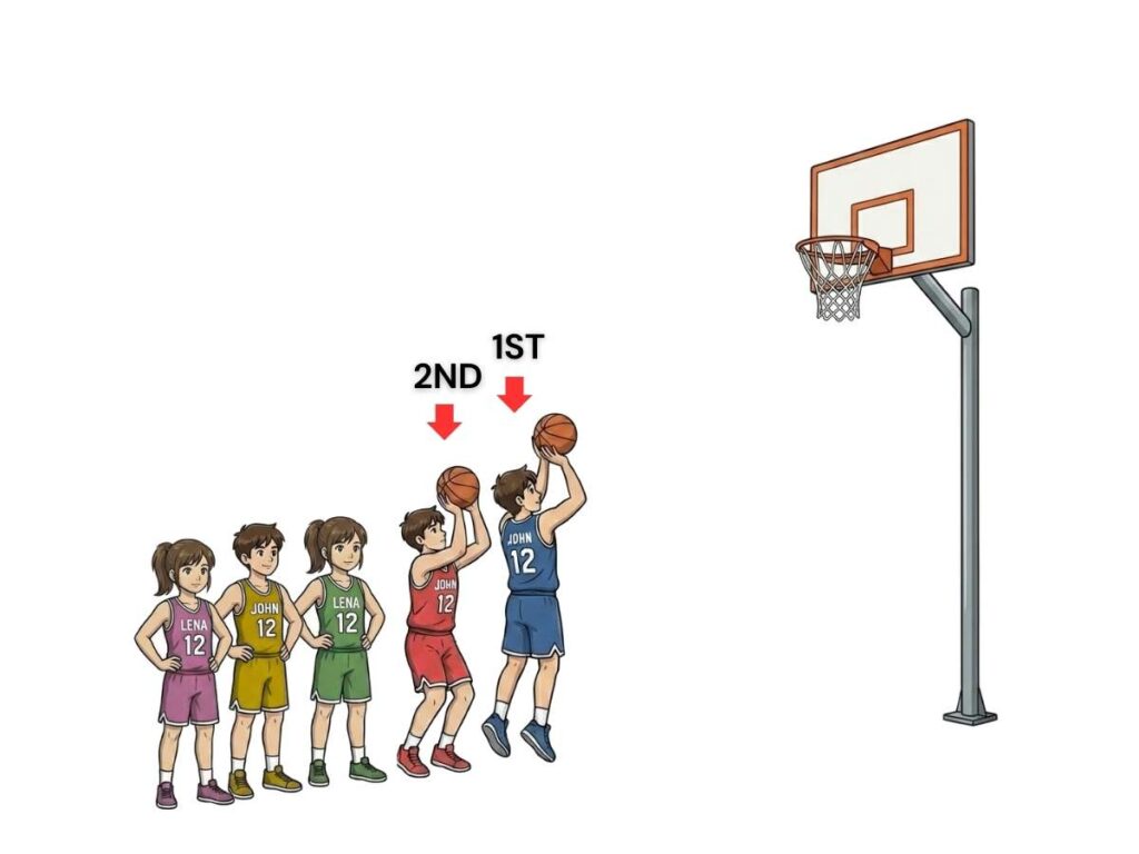 Students lined up at the free throw line for Basketball Knockout in PE with two basketballs to start the game