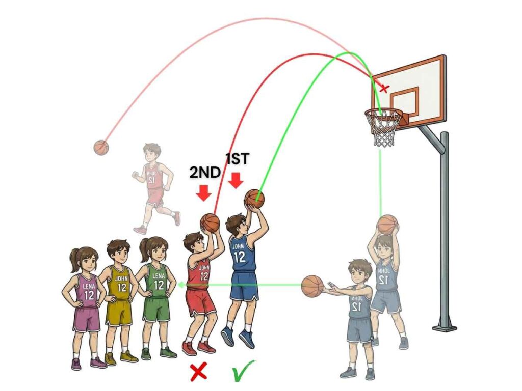 Basketball Knockout drill diagram showing two shooters, rebound-and-shoot sequence, and shot paths to the hoop