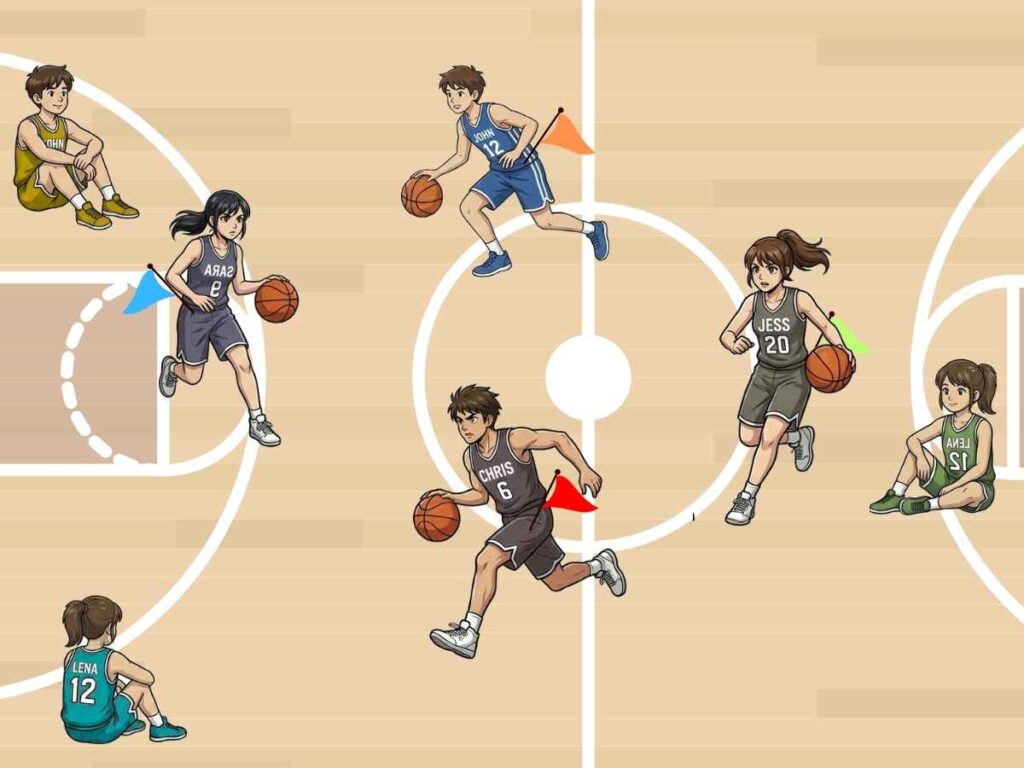 Flag Grab battle royale—students pull flags/pinnies from opponents in a high-energy basketball PE warm-up game for K–12