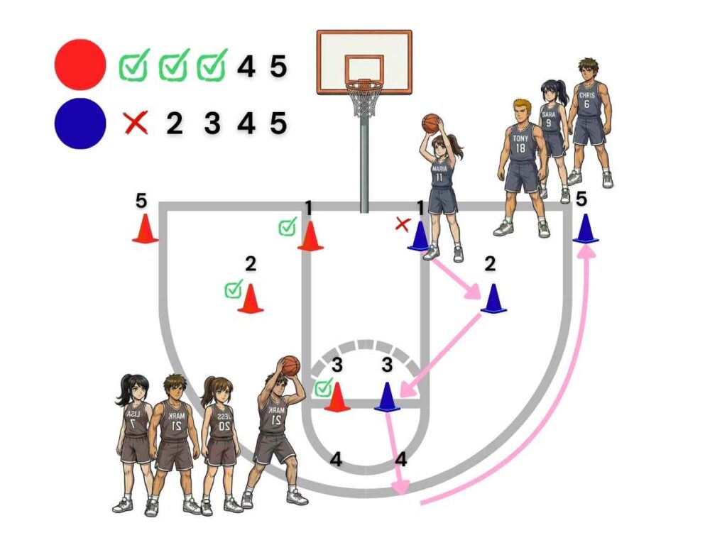 Basketball shooting circuit game diagram showing made shots (check marks), missed shot (X), and progression to the next cone spot.