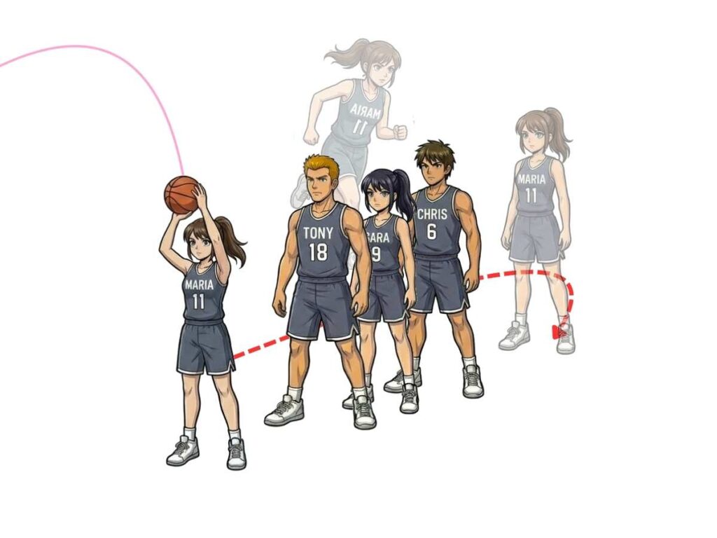 Students lined up for a basketball shooting drill in PE class, taking turns to shoot and pass the ball to the next player.