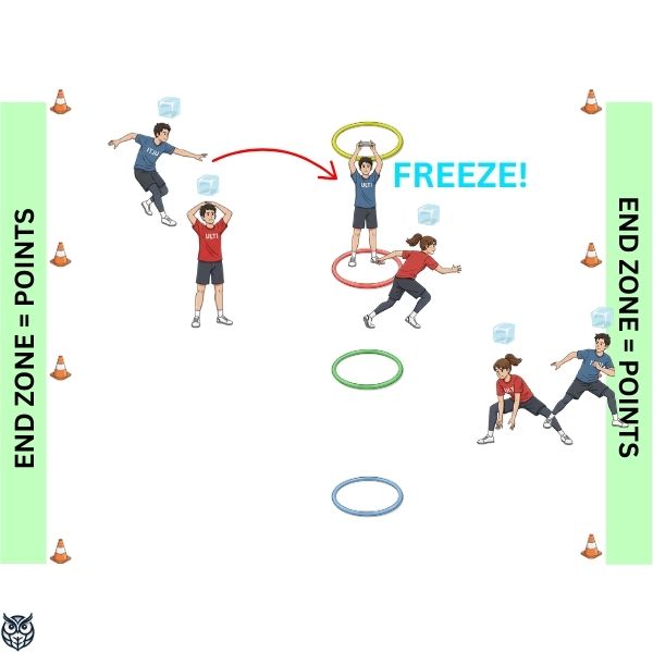 Freeze Line ultimate frisbee PE game with hoops across midfield diagram