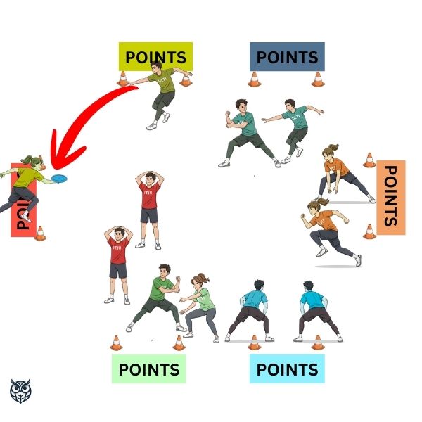 Battle Royale ultimate frisbee PE game with six cone gates around a large field diagram