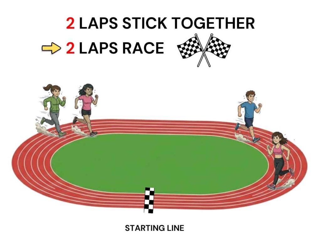 Track running game in physical education: group runs together, then breaks away to sprint (2 laps together, 2 laps race)