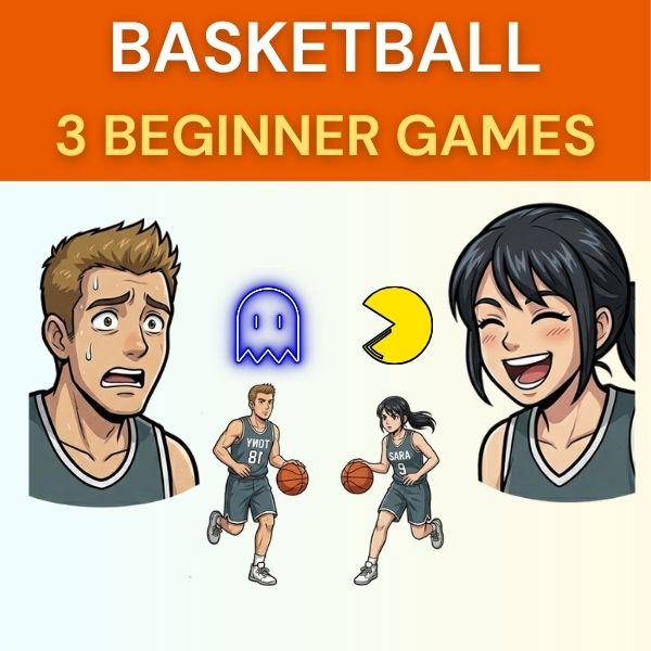 Basketball PE: 3 beginner games for K–12—Pac-Man Lines Tag, Cone Capture, and Flag Grab warm-up activities