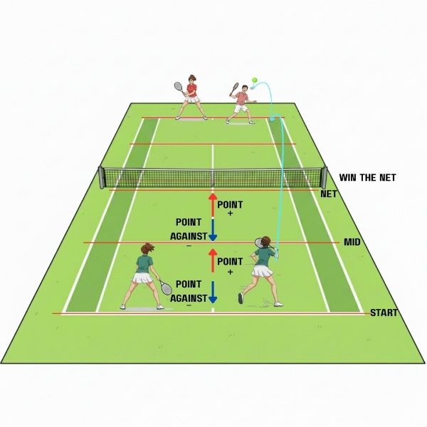 Tennis court diagram showing player positions and zones for a King of the Court tennis game in PE.