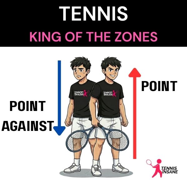King of the Zones tennis game cover with two players holding rackets, “Point Against” and “Point” arrows, and Tennis Insane logo.