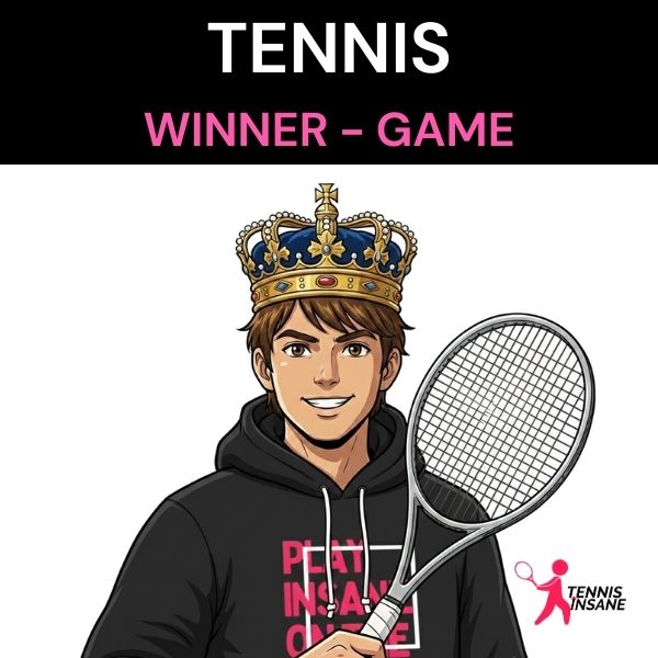 Tennis “Winner” game cover featuring a coach illustration holding a racket and the title “Winner – Game” for PE tennis drills